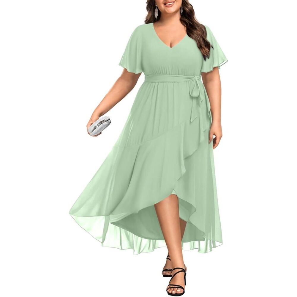 Formal Chiffon Short Sleeve High Low Dress, Size 14W, 5E-200D002